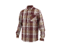 Men's long-sleeved plaid shirt in brown and beige.