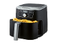 Black digital air fryer with french fries and a control panel.