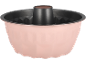 Pink bundt cake pan with a dark non-stick interior and central tube.