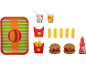 Toy fast food set with a tray, burgers, fries, drinks, and ketchup