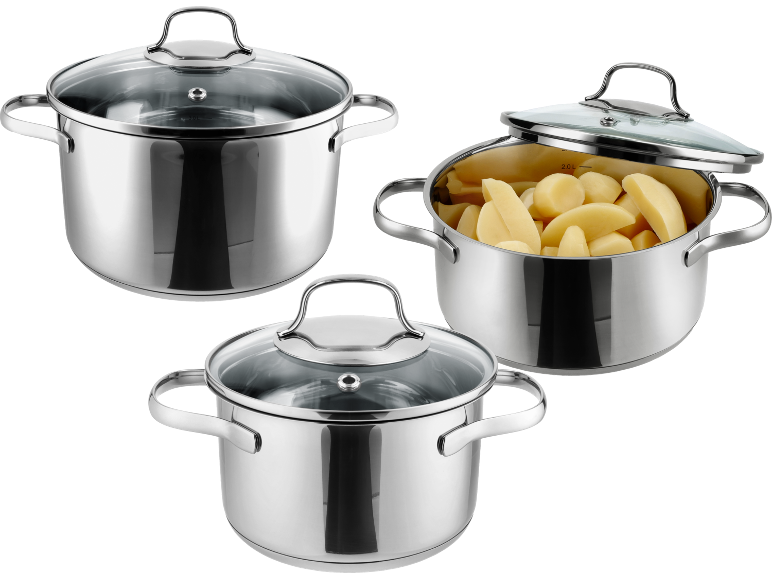 Three stainless steel pots with glass lids, one filled with potatoes.