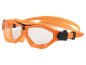 Orange swimming goggles with clear lenses and an adjustable strap.