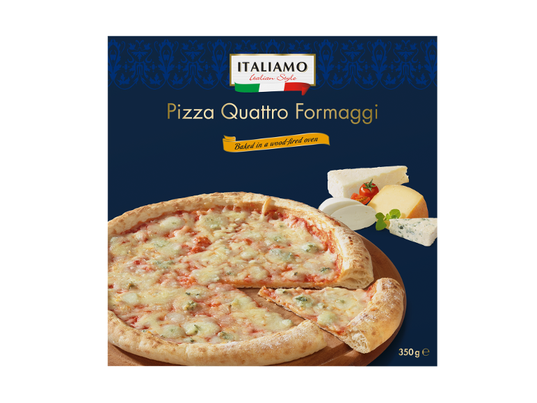 Quattro Formaggi pizza with cheeses and tomatoes, packaged, with 'Baked in a wood-fired oven' text.
