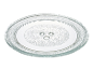 Round glass microwave plate with a textured base and three protrusions.