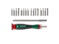 A ratchet screwdriver set with an extension and 16 interchangeable bits.