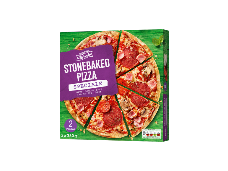 Boxed packaging with two stonebaked pizzas featuring a crunchy base and crispy crust.