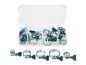 Hose clamp set with wing screws in a clear box, various sizes.