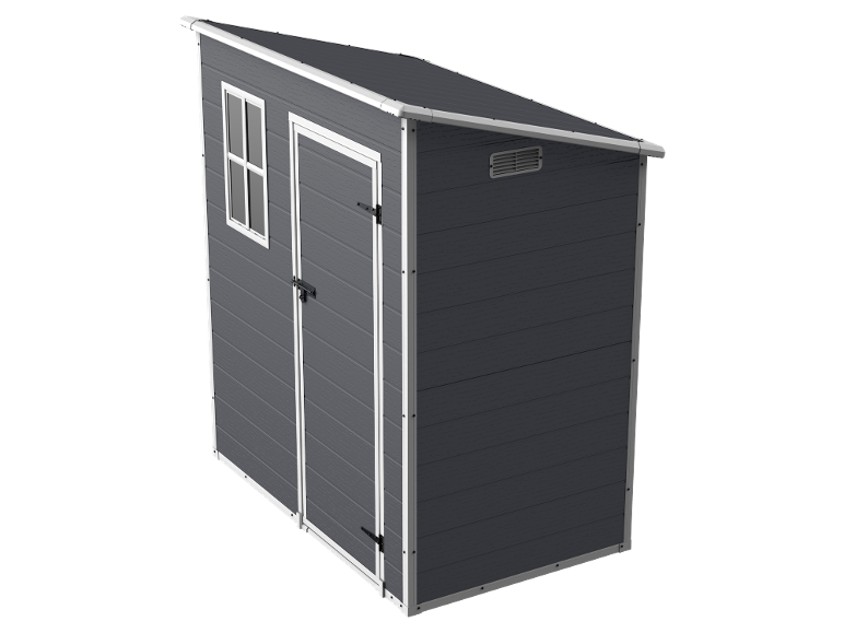 Dark grey garden shed with a window and a door