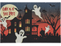 Halloween decoration with haunted house, ghosts, and text 'COME IN IF YOU DARE!'.