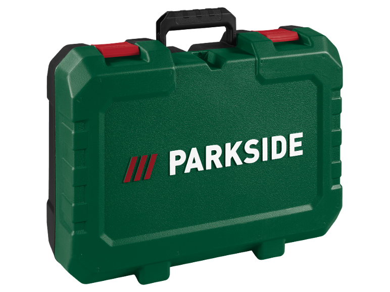 Green tool case with red latches and a black handle.