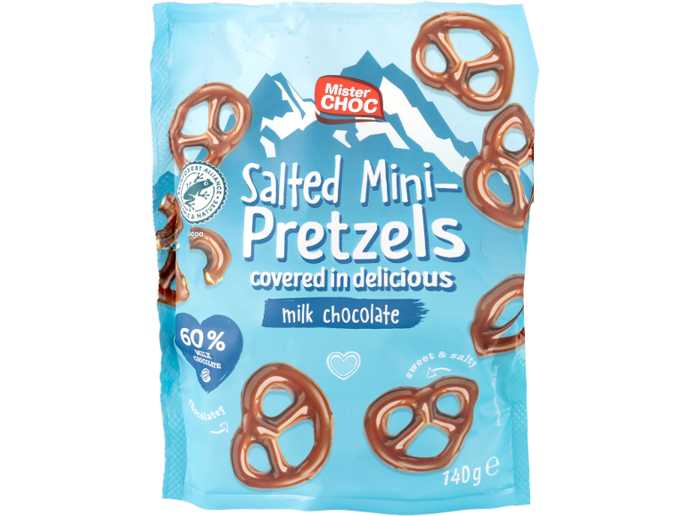 Bag of salted mini pretzels covered in delicious milk chocolate, 140g.