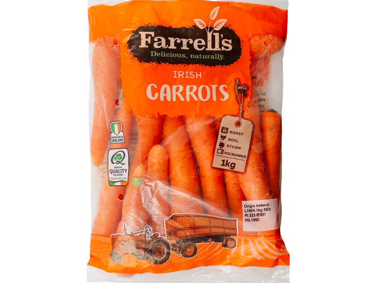 Bag of Irish carrots with cooking instructions and origin details.