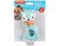 Blue deer rattle with colorful rings, with a baby playing with it in the background.