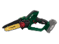 Cordless pruning saw in green and black with a yellow chain and battery.