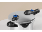 Stainless steel pressure cooker with black lid and handles