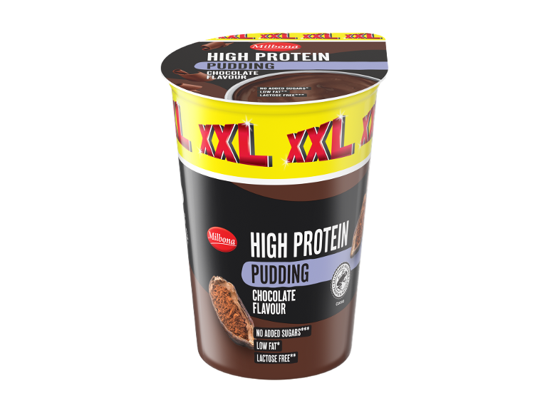 High protein chocolate pudding, no added sugars, low fat, lactose free.