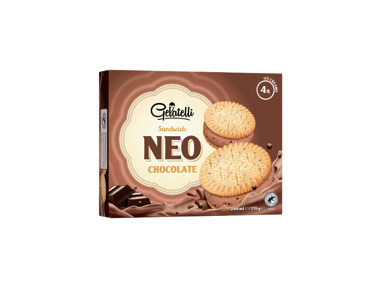 Box of chocolate sandwich ice creams with cookies, 4 pieces.