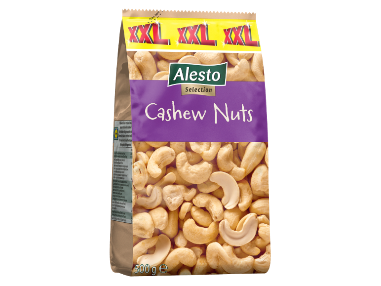 XXL bag of cashew nuts with 'Cashew Nuts' and '500 g e' label.