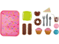 Pink play tray with toy desserts, including donuts, cupcakes, and cutlery.