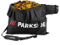 Black leaf collection bag filled with colorful autumn leaves, with a shoulder strap.