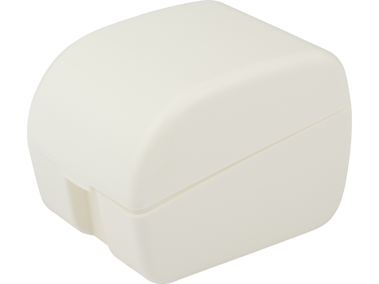 White plastic box with a lid, viewed from above.