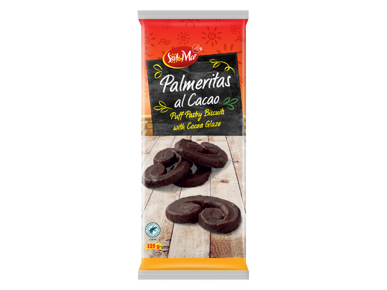 Puff pastry biscuits with cocoa glaze in a red and black package.