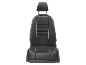 Black car seat cover with white stripes and textured inserts.