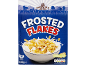 Pack of frosted flakes cereal in a bowl with milk, highlighted with nutritional information.