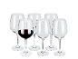 Six wine glasses, one filled with red wine, on a black background.