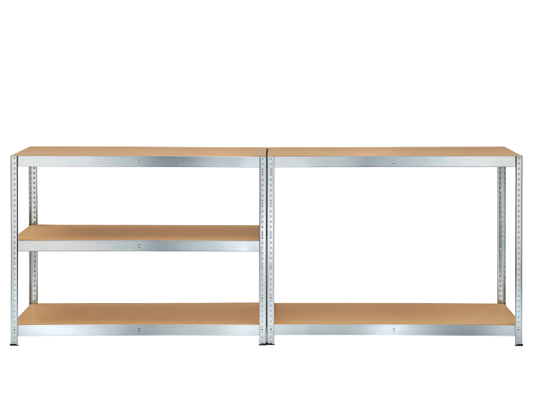 Three-tier metal shelving unit with chipboard shelves on a black background.