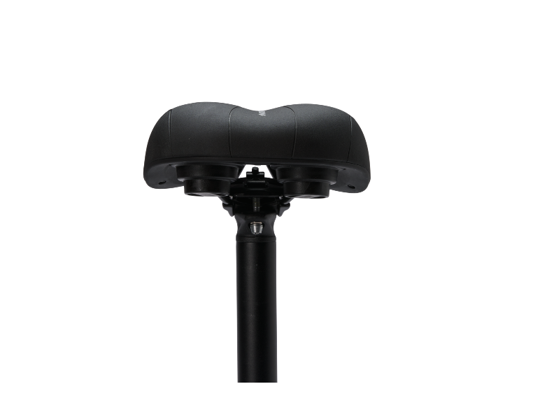 Black bicycle saddle with shock absorber on a black background.