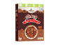 Chocolate-wheat cereal package with a bowl of cereal and nutritional information.