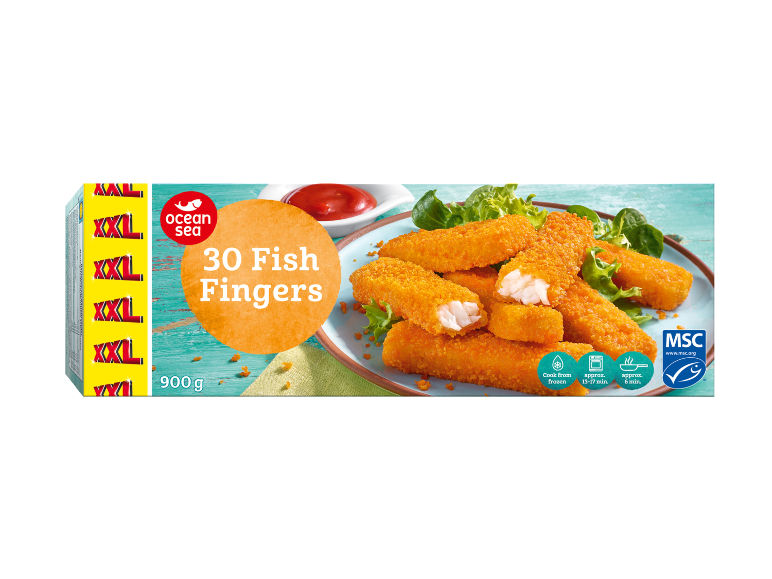 Box of 30 frozen fish fingers, 900g, with cooking instructions and MSC logo.