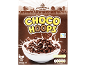 Chocolate hoops cereal box with a bowl of cereal and milk, showing nutritional info.