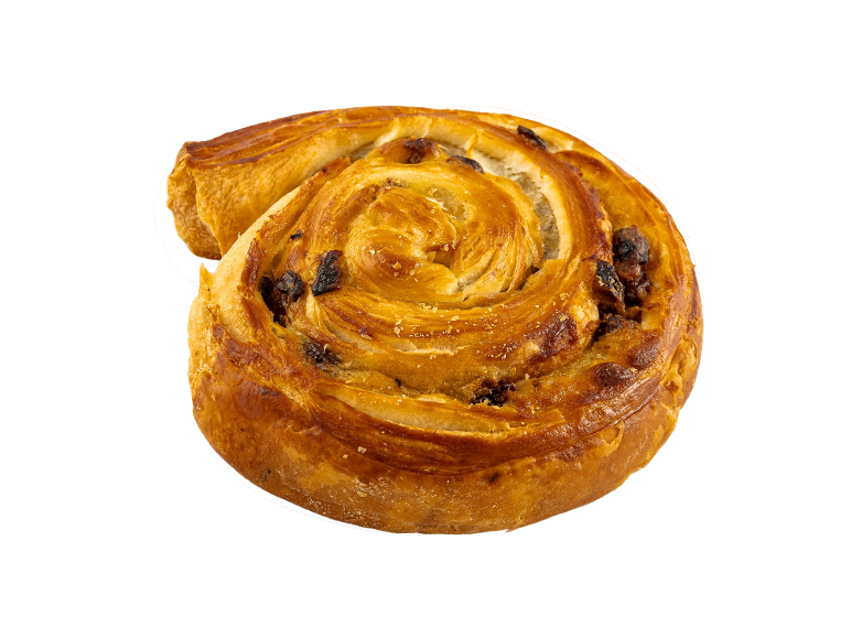 A golden, rolled raisin swirl on a black background.