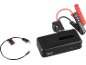 Black portable battery jump starter with red and black jumper clamps, and a USB charging cable.
