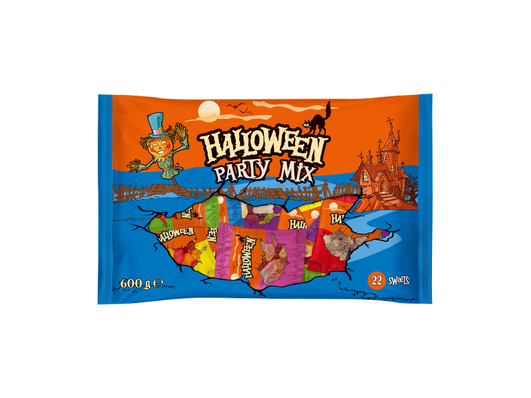 Halloween Party Mix candy bag with a scarecrow, haunted house, and black cat.