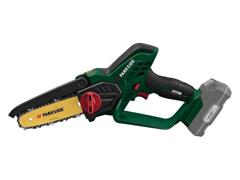 Cordless pruning saw in green and black with a yellow chain and battery.