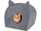 Ginger cat peeking out of a grey felt cat house with ears.