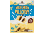 Cereal box with milk chocolate pillows, showing servings and nutritional information.