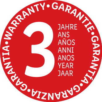 Red 3-year warranty seal in multiple languages.