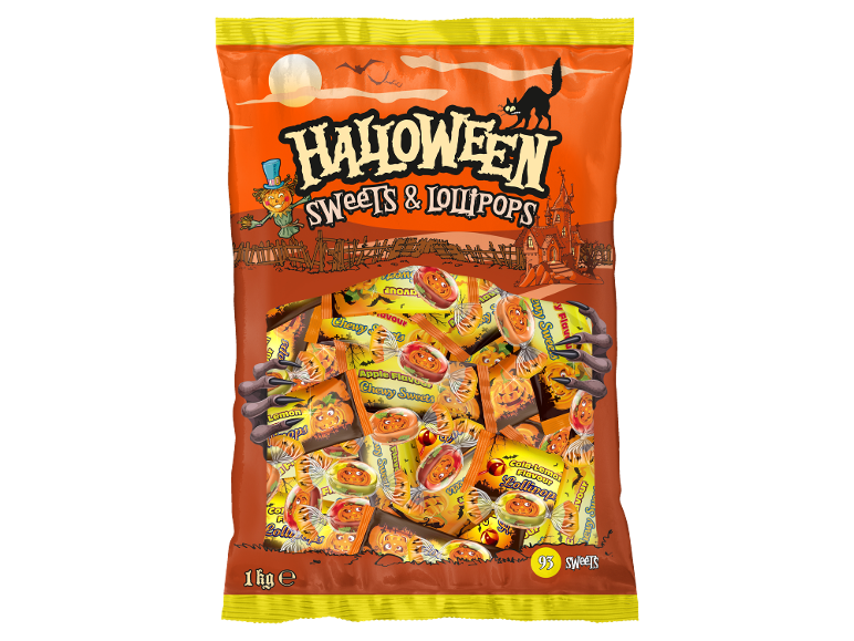 Halloween sweets and lollipops bag with pumpkin and black cat theme.