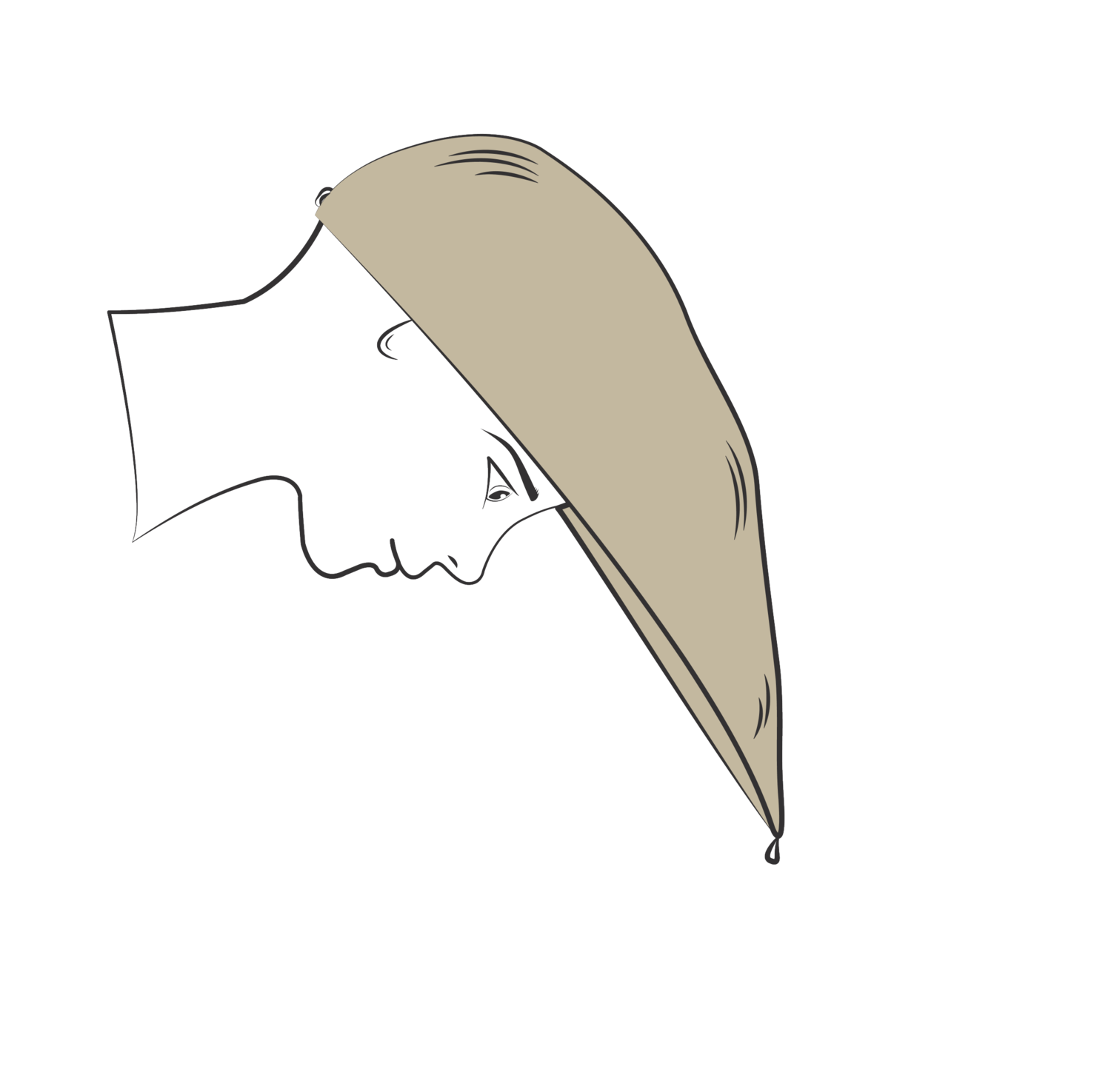 Profile of a person wearing a pointed hat, looking downwards.