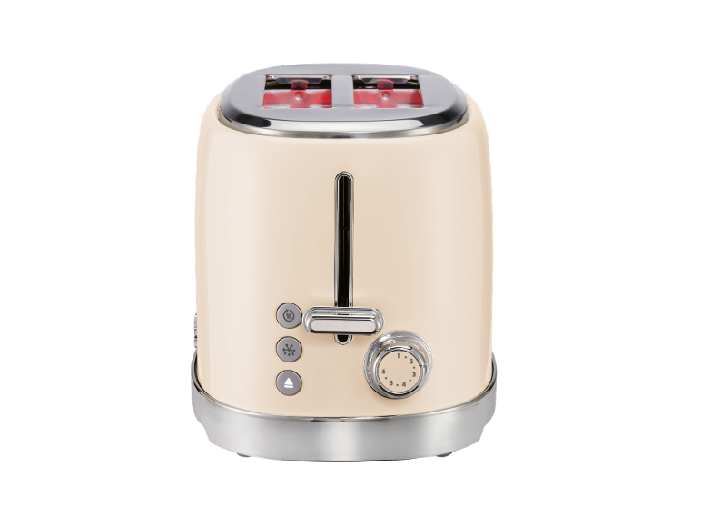 Cream-colored toaster with two slots, chrome accents, and control buttons.