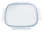 Transparent square container lid with a blue seal.