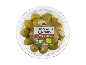 Green olives with almonds and almond flakes in a 150 g plastic tub