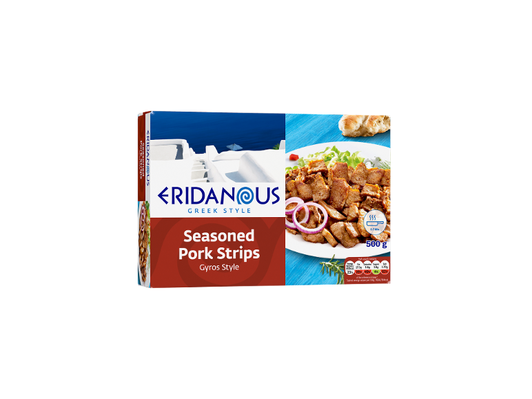 Seasoned pork strips gyros style with a Greek landscape background and nutritional information.