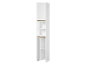 White corner shelving unit with an upper and lower door, and open shelves.