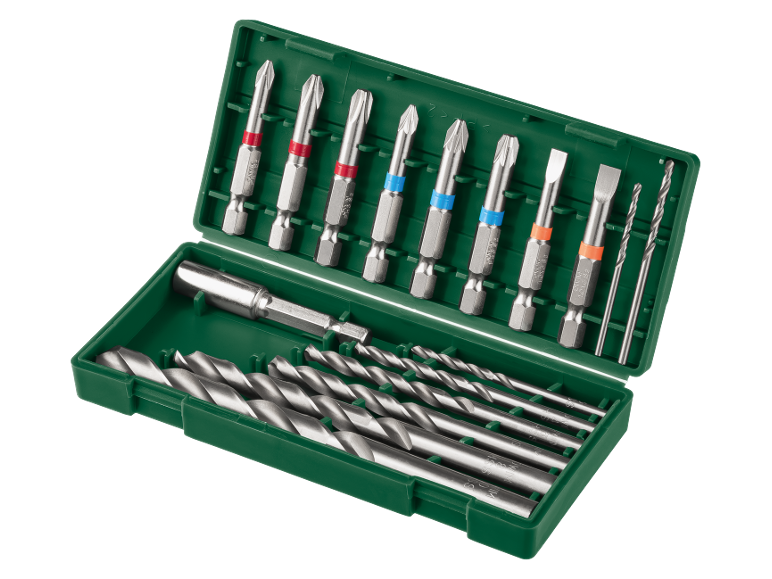 Drill bit and screwdriver bit set in an open green case.