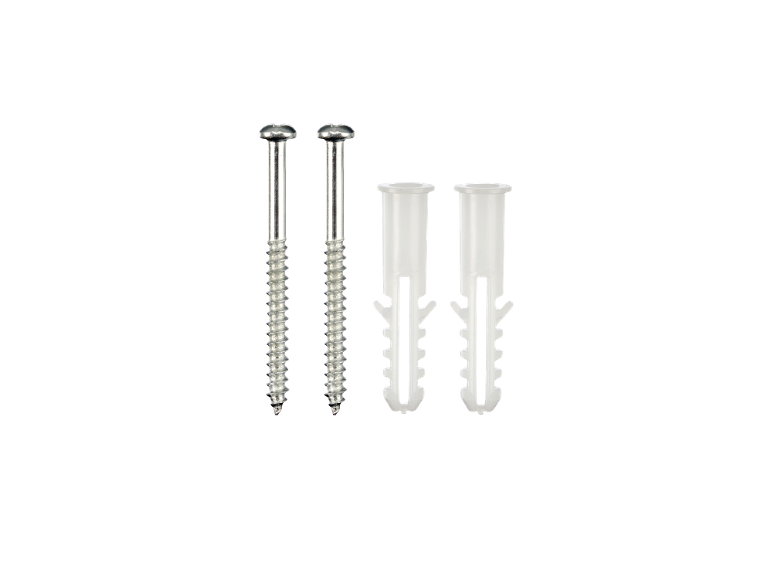 Two wood screws and two white plastic wall plugs on a black background.